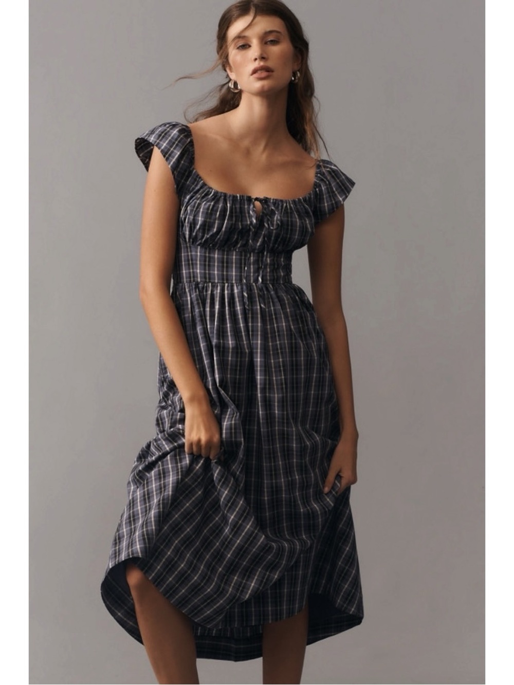Anthropologie Prairie Preppy Plaid Flutter Sleeve Square Neck Midi Dress Large